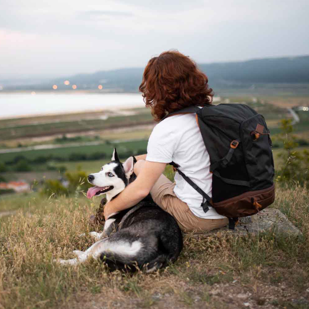 person sitting with dog